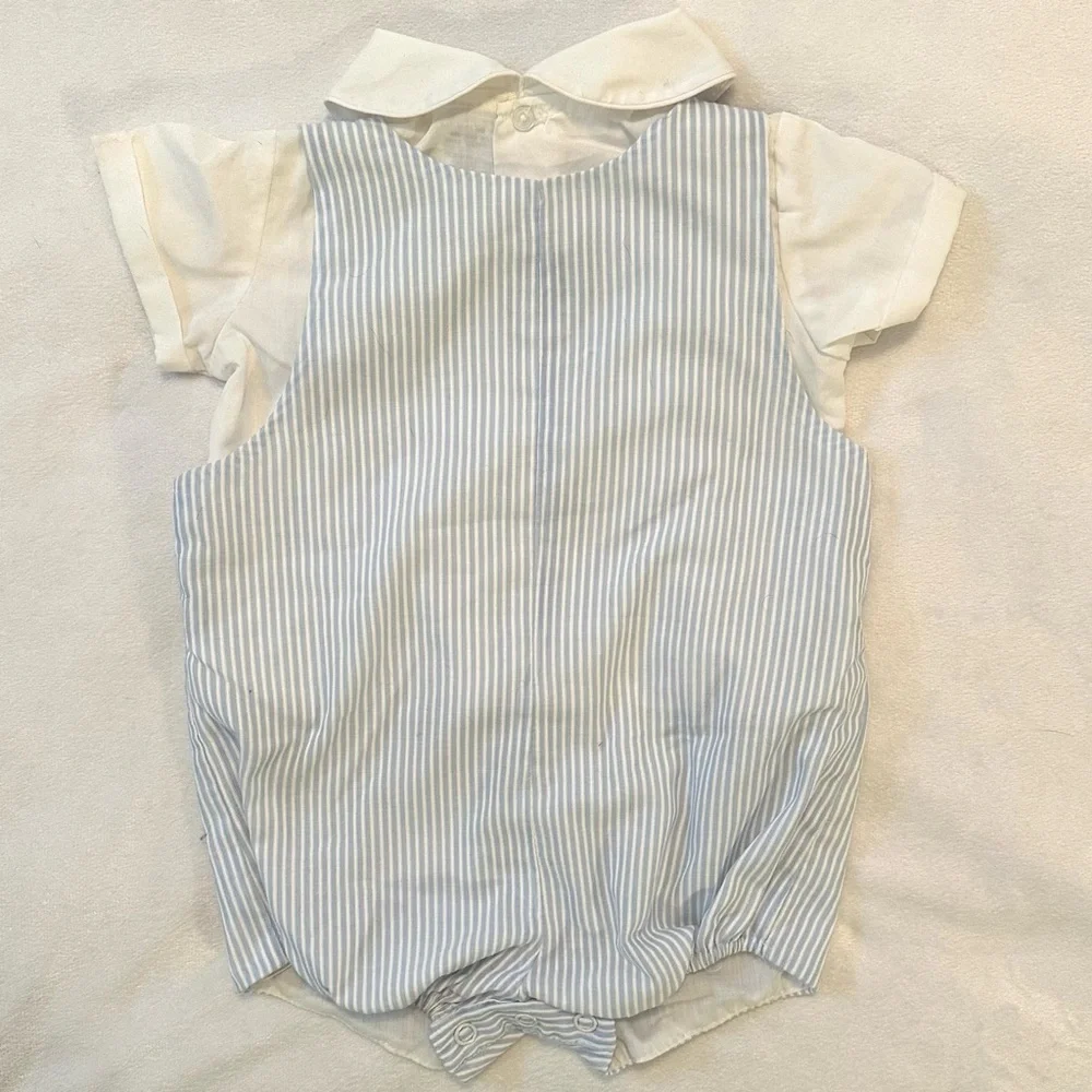 Vintage Baby Togs Boys Blue White Striped Elephants Shortall Romper 6-9M